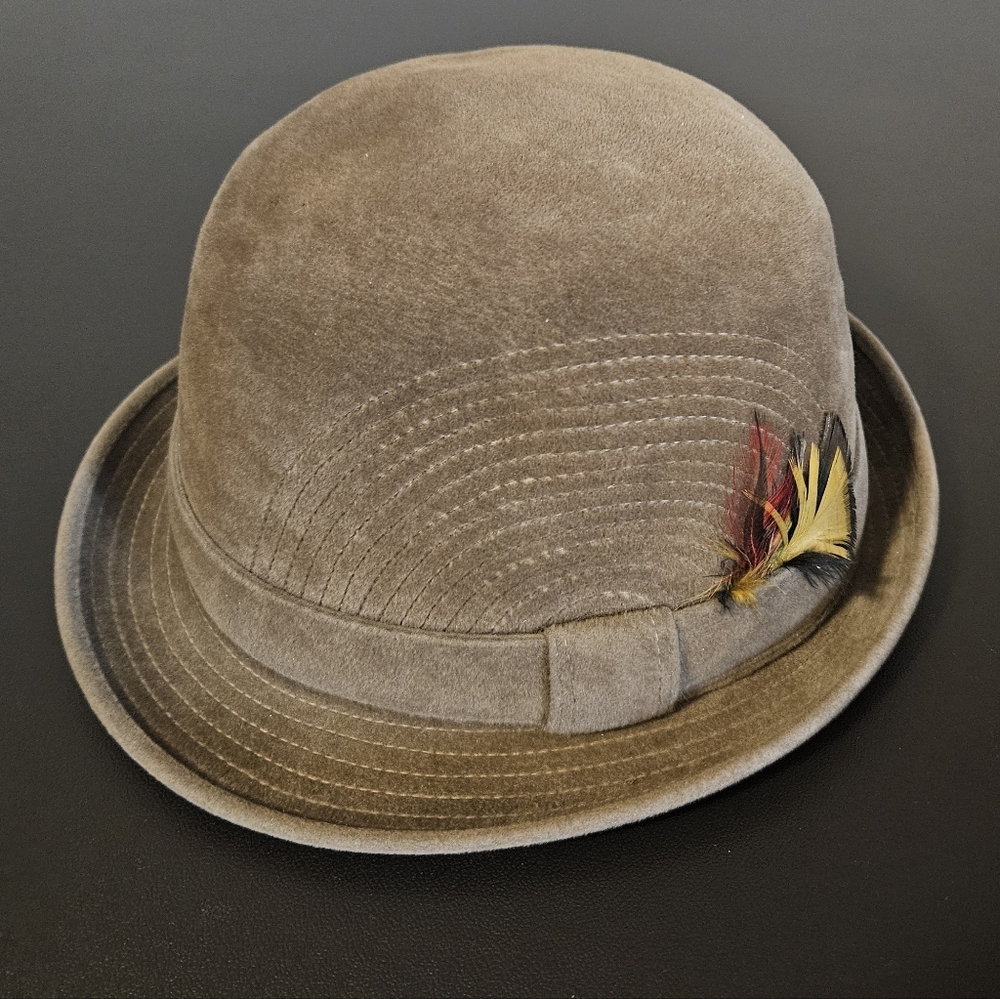 Gray and Tan Bowler Hat with Feather Accent